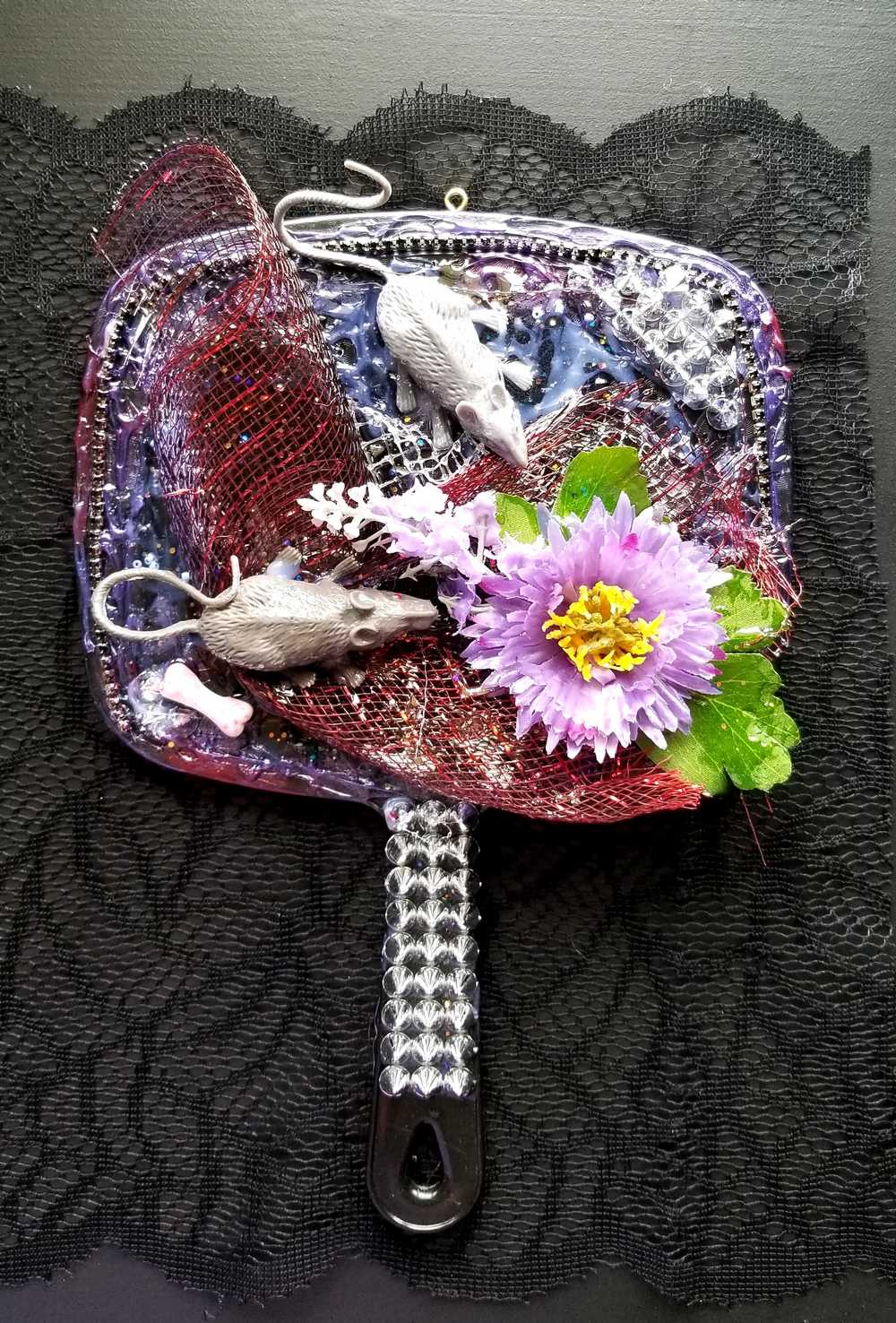 Black Studded Hand Held Mirror with Rats and Purple Flowers. Punk Art