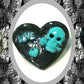 Black Porcelain Heart Shaped Brooch with a Teal Skull, Love and a Heart Charm