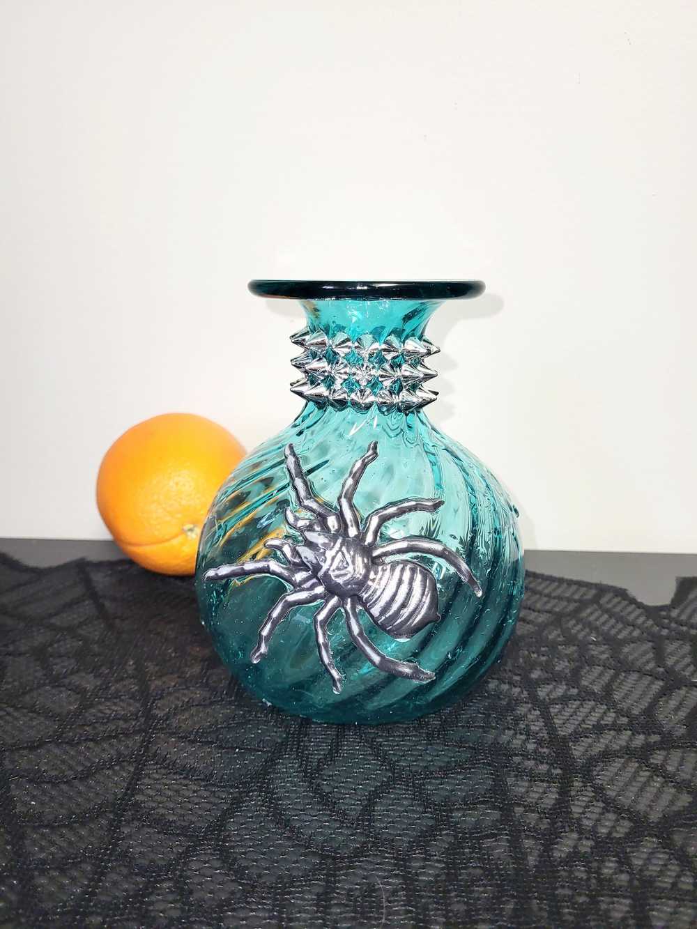 Intense Teal Glass Vase with Shining Silver Studs and a Textured 3D Spider