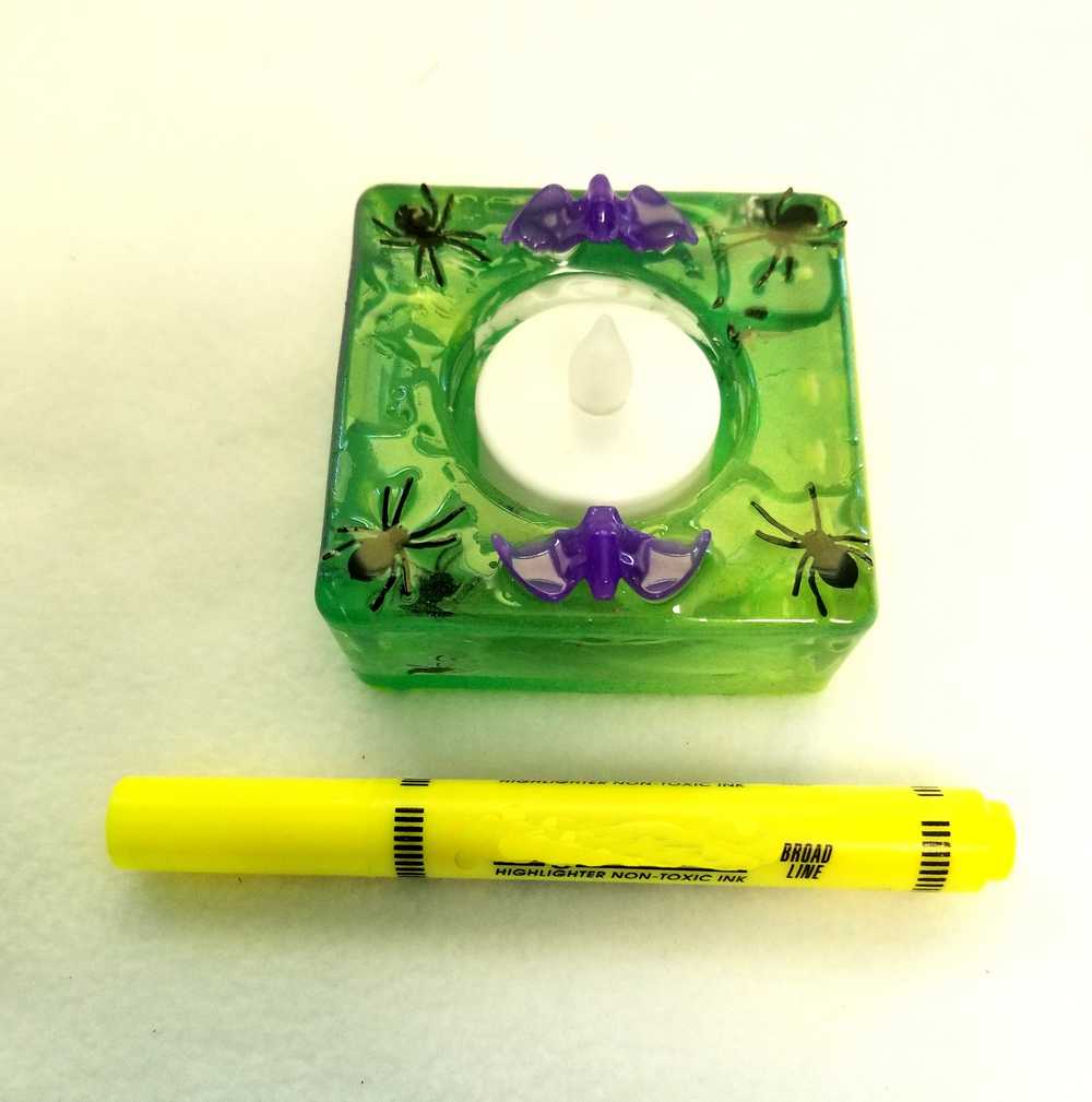 Square Green Candle Holder for a Battery Candle with Black Spiders and Purple Bats