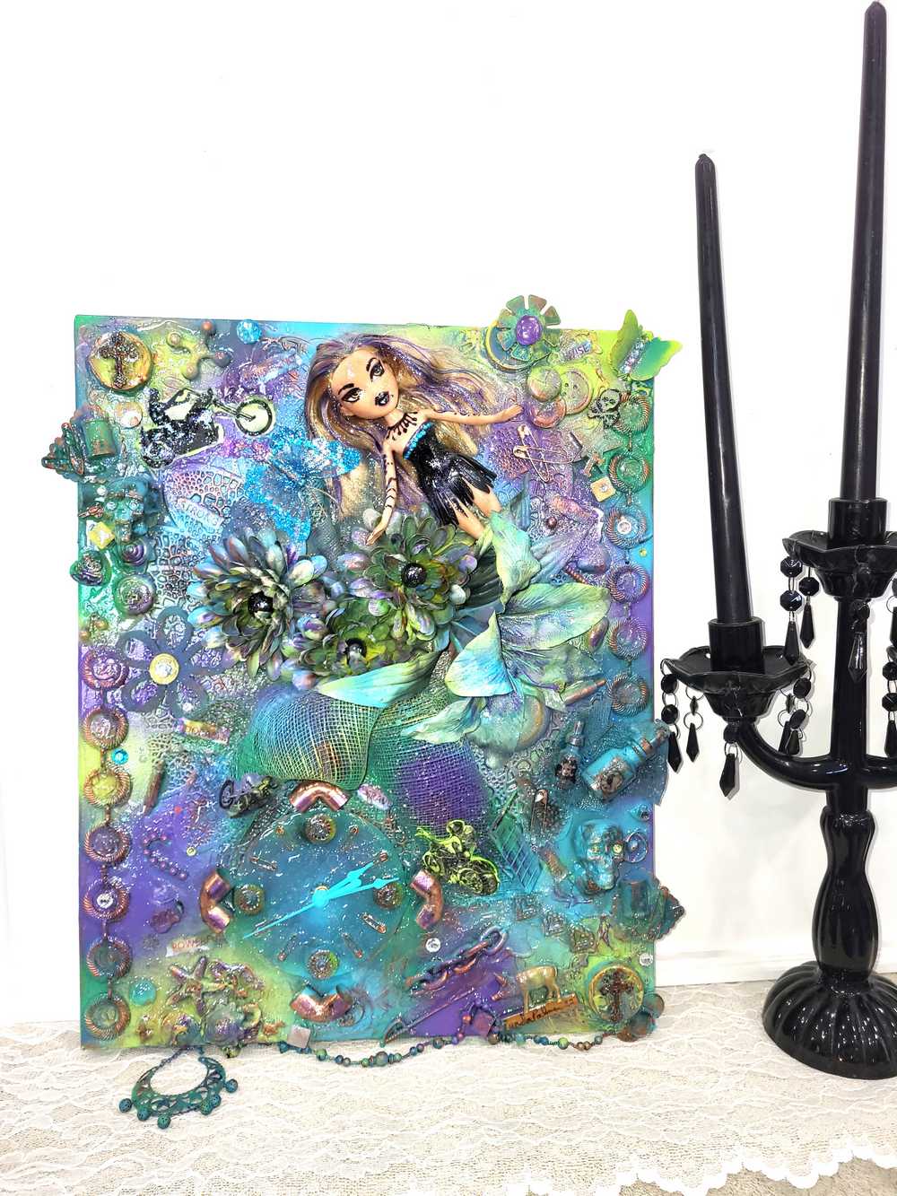 Tattooed, Clad in Leather, Lady, on 16x20 Inch Canvas Clock in Teal and Purple