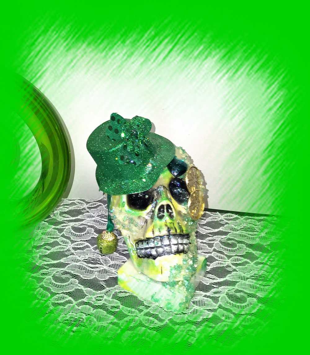 Handmade Resin St. Patrick's Day Skull with Top Hat, Shamrock, Bell & Gold Coins on a Marble Base