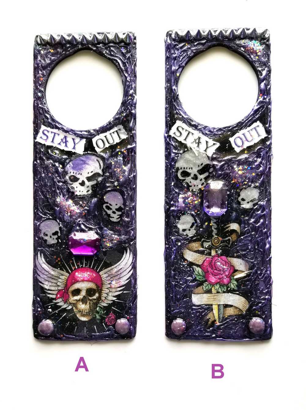 "Stay Out" Door Knob Signs with Skulls, a Dagger, a Rose and a Heart in Black & Purple