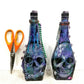 Altered Refillable Glass Bottle, Decoupage Skull Art with Multi Beads and Glass Gems