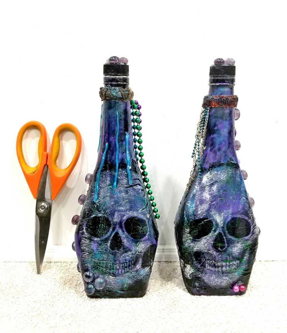 Altered Refillable Glass Bottle, Decoupage Skull Art with Multi Beads and Glass Gems