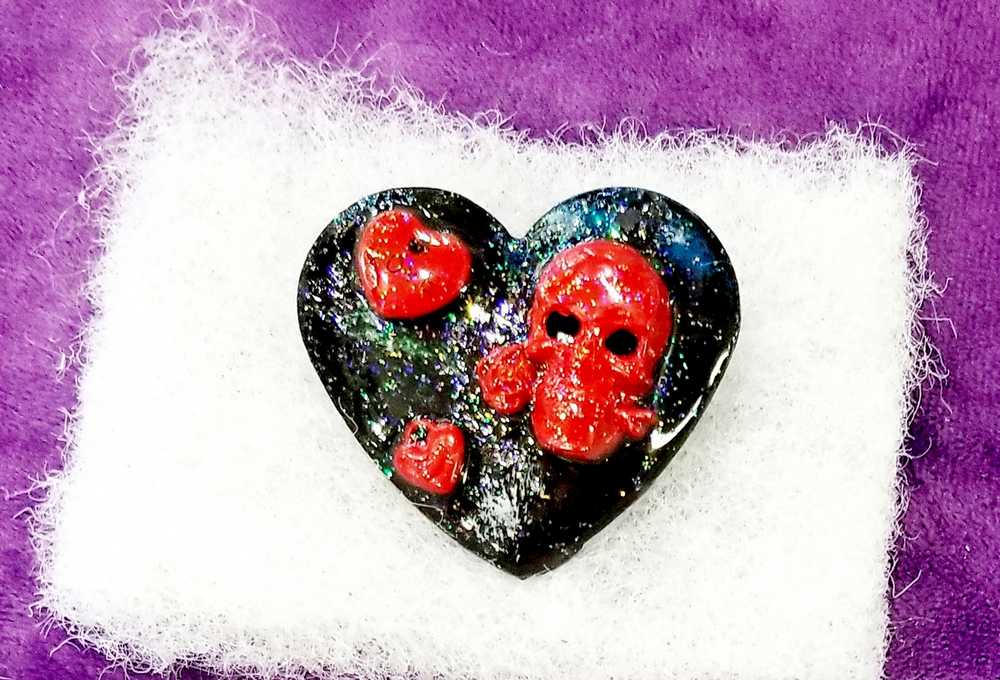 Black Porcelain Heart Shaped Brooch with Red Skull and Heart Charms