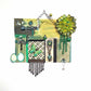 Decorative Collage of Green Fabrics, Recycled Jewelry, Flowers & Mini Picture Frame, Wall Art, Wall Hanging