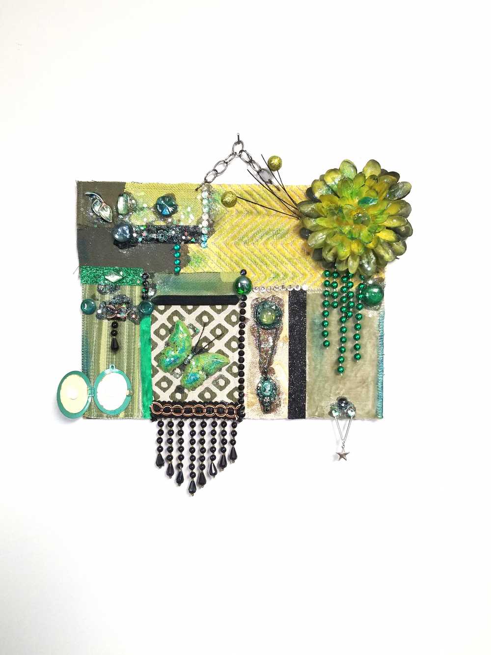 Decorative Collage of Green Fabrics, Recycled Jewelry, Flowers & Mini Picture Frame, Wall Art, Wall Hanging