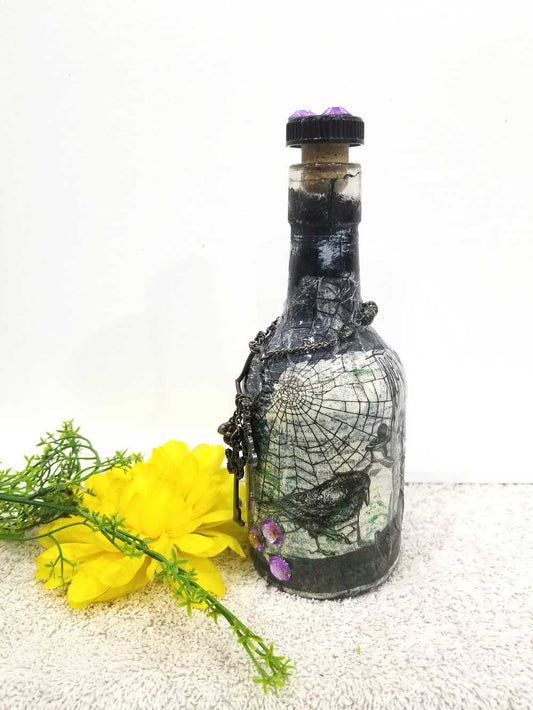 Altered Glass Bottle, Decanter, with a Crow, Chain with Keys, Purple Gems, Re-Usable