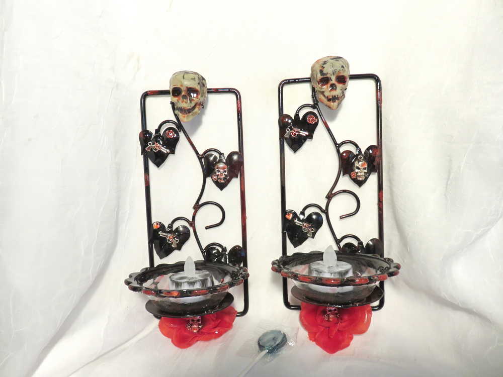 Wall Mounted Battery Candle Holder with Skulls & Red Roses, Glass Bowls Holds Two Battery Candles