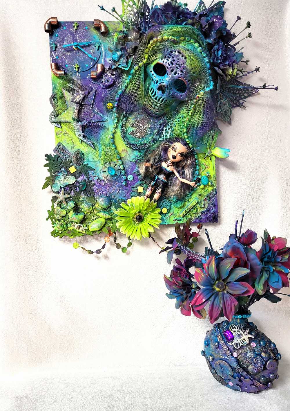 Skull Goddess and The Babe, in Purples & Blues, on 16L x 20W Mixed Media Canvas with Wall Clock