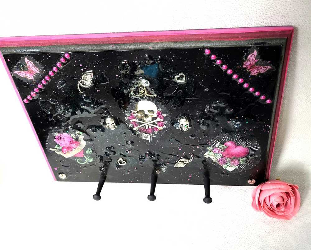 Black Goth Wall Plaque with a Skull with a Sword, Glass and Pink Butterflies