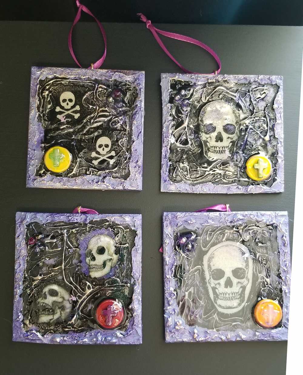 Purple and Black Skull Fabric Faces on Wood Ornaments For your Car, Window, School Locker or Christmas Tree