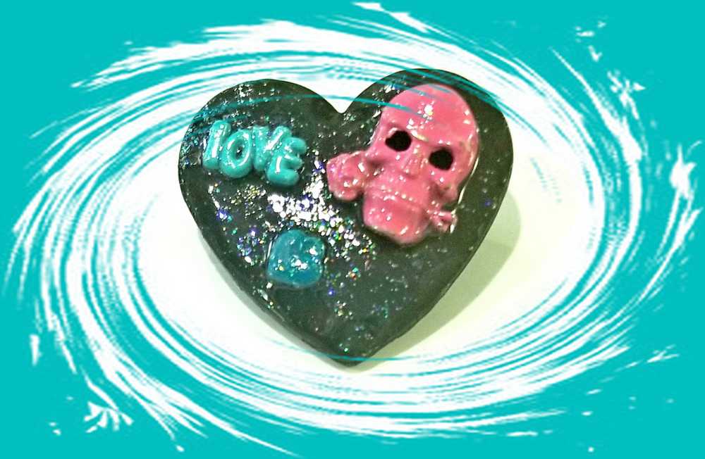 Black Porcelain Heart Shaped Brooch with a Pink Skull and a Teal Heart & Love Charm