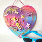 Pink & Blue Child's Art Work for Bedroom, Nursery, Playroom Wall Hanging, Wood Heart with Doll and Unicorn