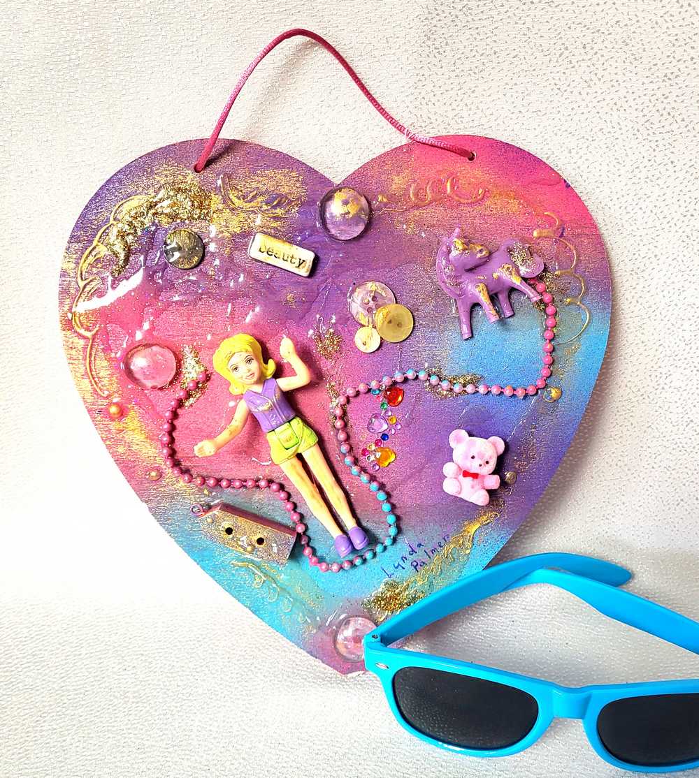 Pink & Blue Child's Art Work for Bedroom, Nursery, Playroom Wall Hanging, Wood Heart with Doll and Unicorn