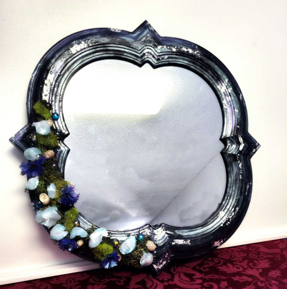 Black Hand Painted Unique Shaped Wall Mirror with Handmade Mushroom Colored Lights, 3 Settings