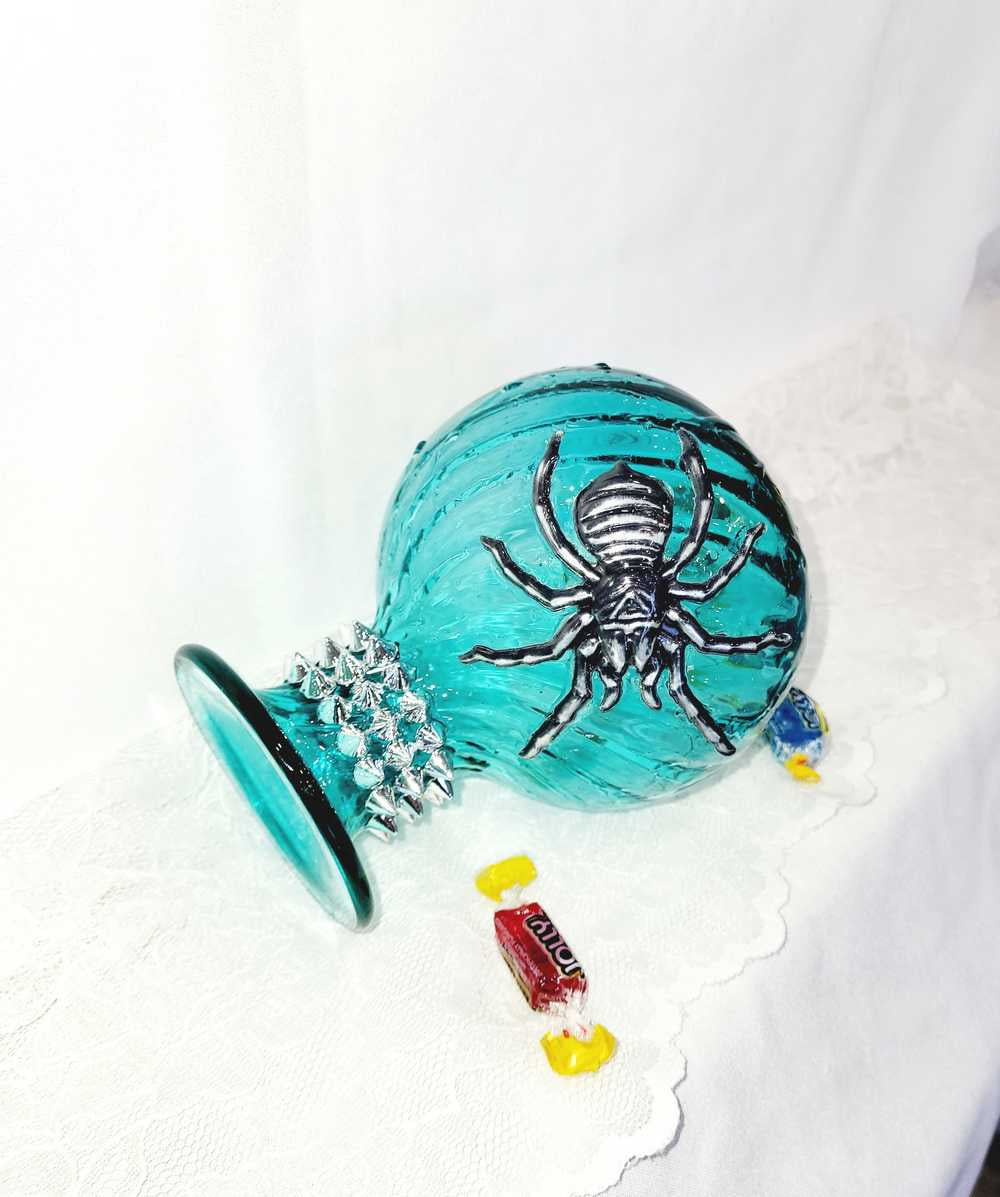 Intense Teal Glass Vase with Shining Silver Studs and a Textured 3D Spider