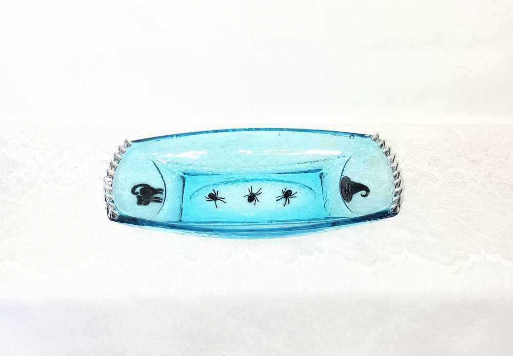 Long Teal Altered Glass Candy Dish with Silver Studs, a Black Cat and a Witch Hat