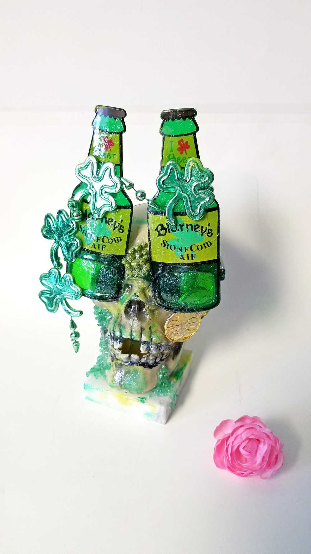 One of a Kind St. Patrick's Skull Decor, Green Beer Goggles, Missing Front Teeth and Shamrocks