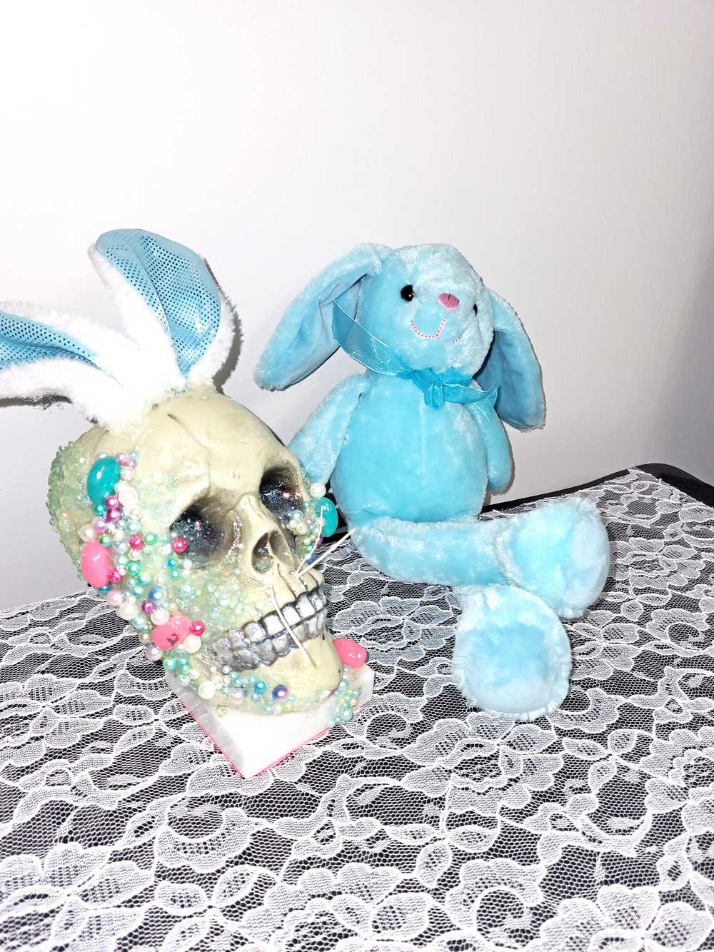 Resin Encased Easter Bunny Skull with Jelly Beans, Pearls & Glitter on a Marble Base