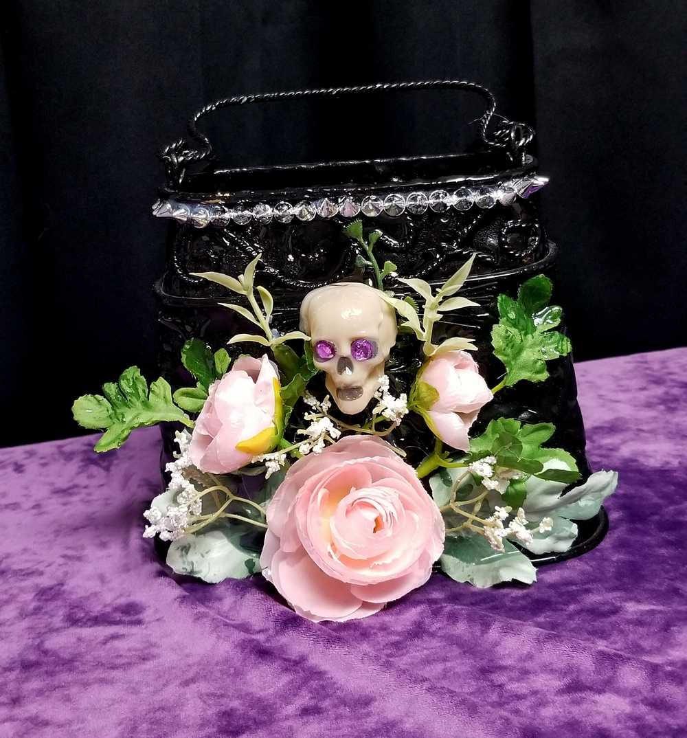 Black Metal Skull Container, with Pink Roses, Container for Dry/Silk Flowers