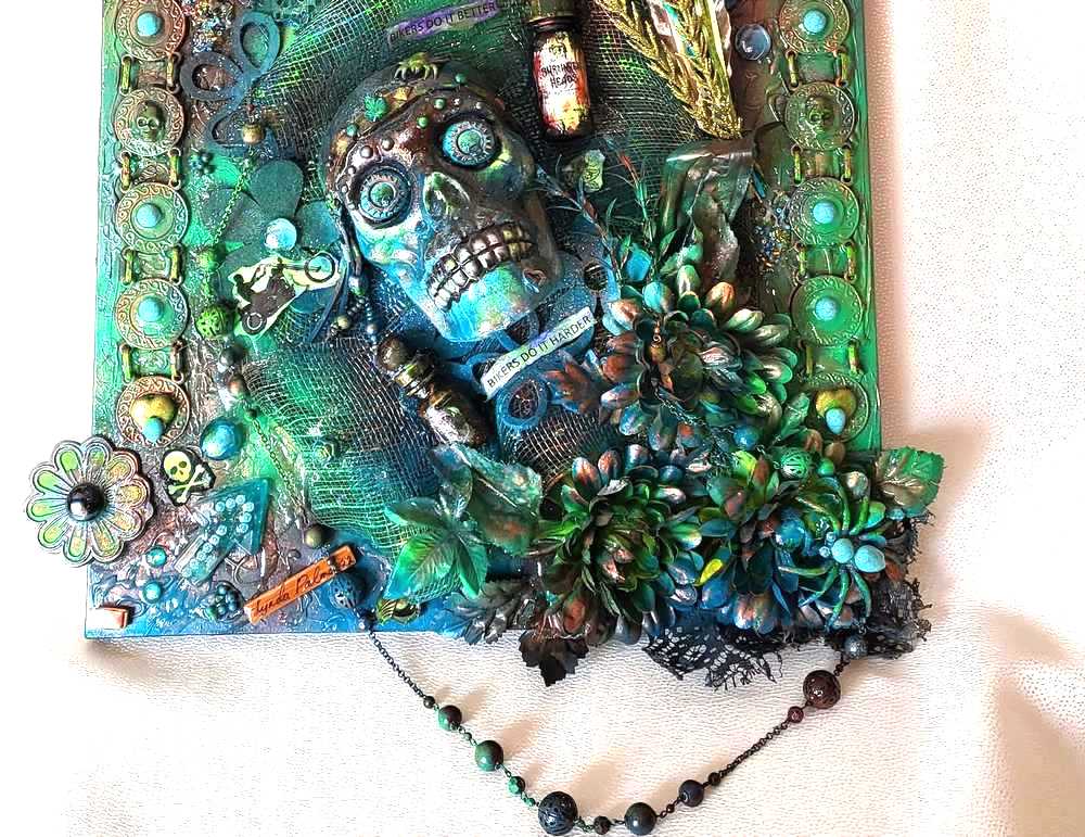 Clock, Voodoo Skull Witch Doctor on 16x20 inch Canvas with Turquoise Beads and Motorcycles