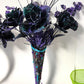 Goth Flower Arrangement, Black & Purple Roses in a Tin Match Cone, with Spiders & Skulls