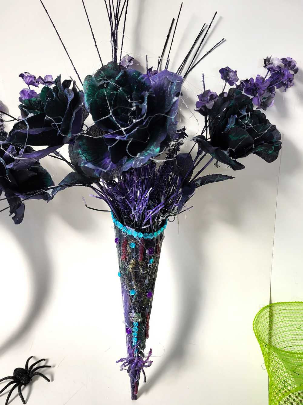 Goth Flower Arrangement, Black & Purple Roses in a Tin Match Cone, with Spiders & Skulls