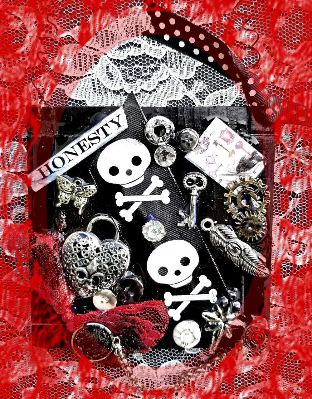 Black Wall Plaque with Skull & Bones Ribbon, Honesty Sign, Recycle Jewelry, Keys & Gears, Punk Goth Sign