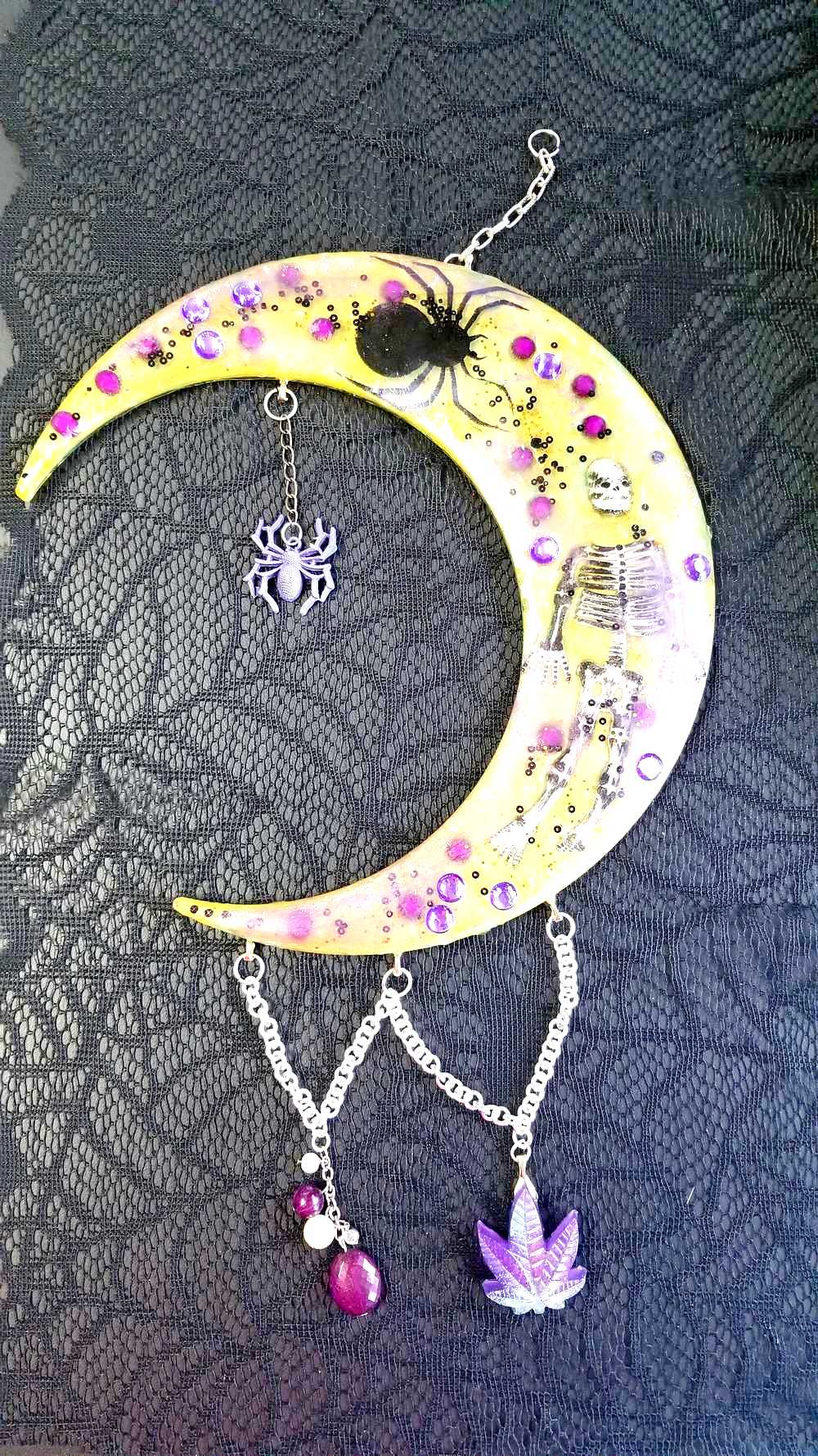 Resin Moon with Purple Beads and Spiders