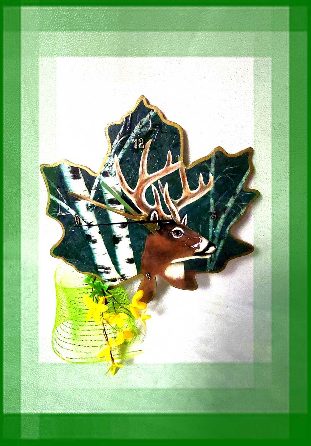 10 Point Buck, Hand Painted, Original Design Deer Clock on Wooden Leaf