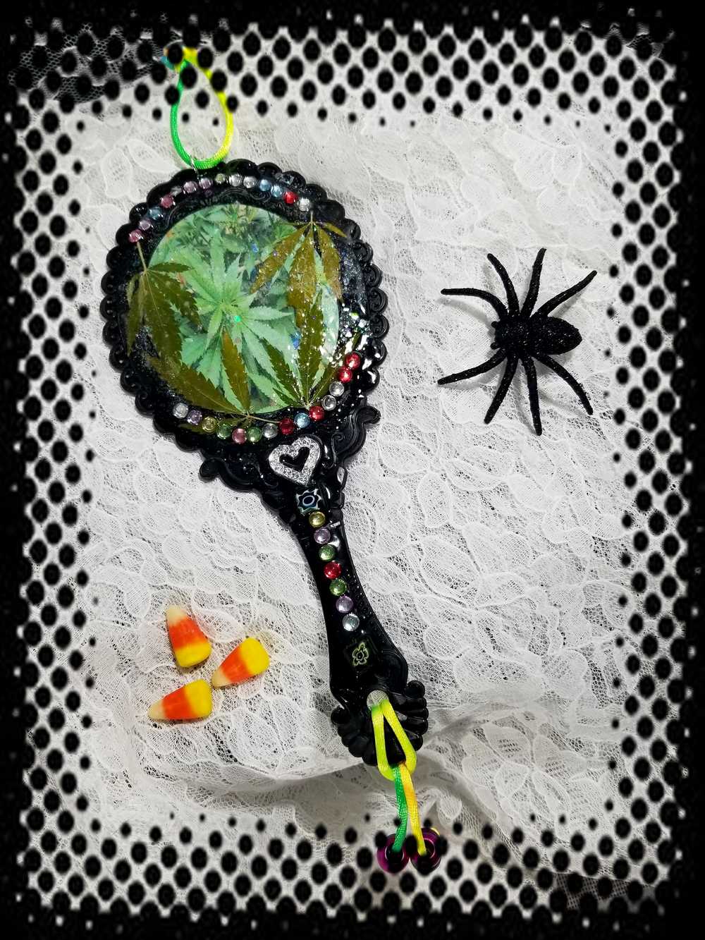 Black Hand Held Mirror with a Heart, Natures Leaves and Gemstones