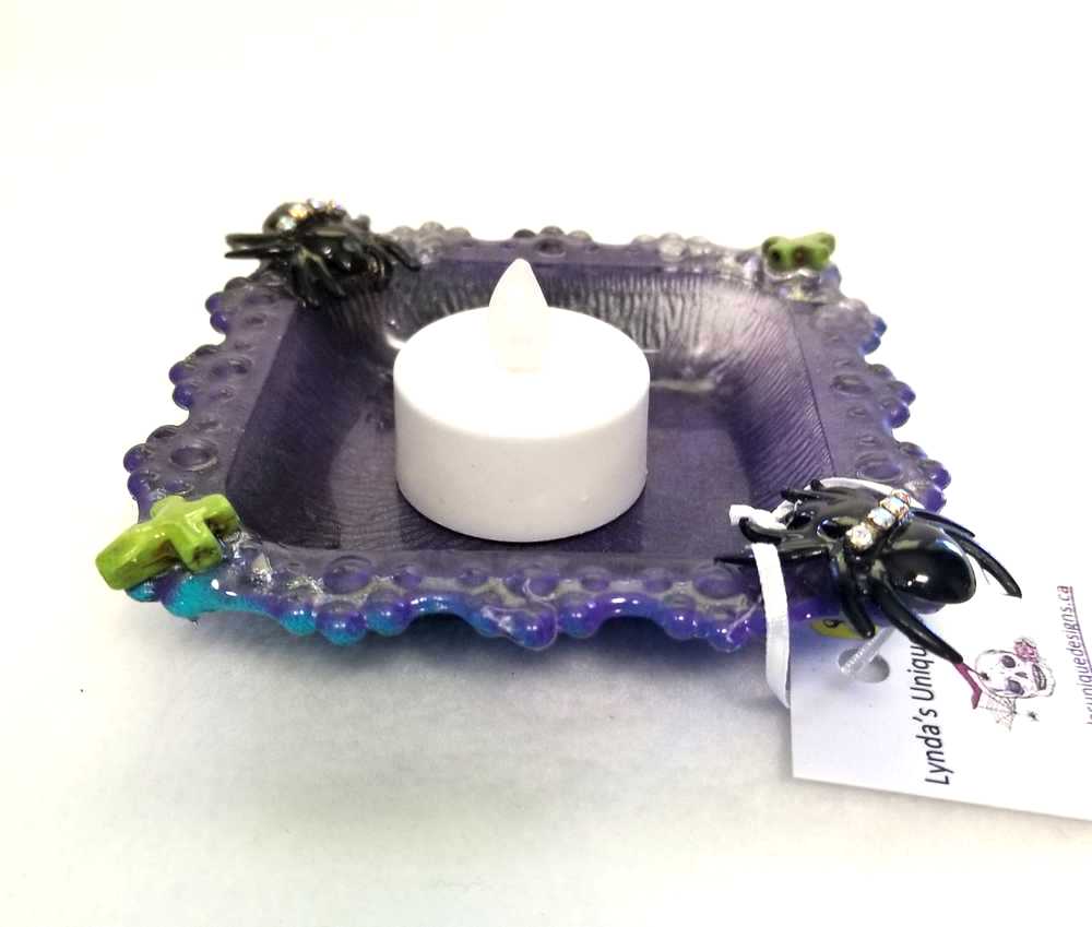 Creepy, Adorable Purple Candle Holder or Candy Dish  with Rhinestone Studded Black Spiders and Green Crosses