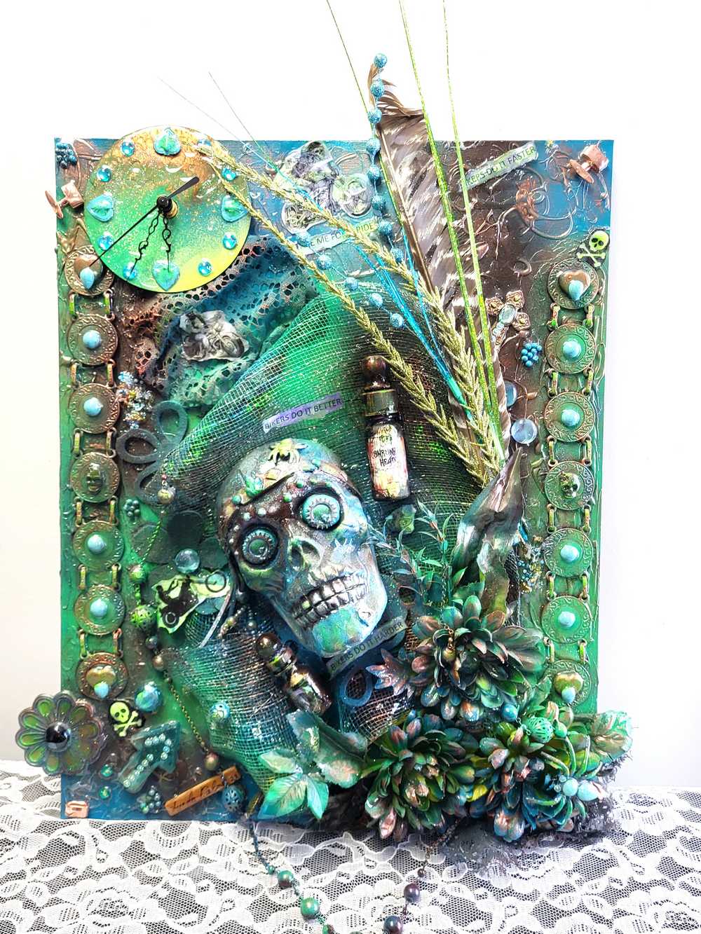 Clock, Voodoo Skull Witch Doctor on 16x20 inch Canvas with Turquoise Beads and Motorcycles