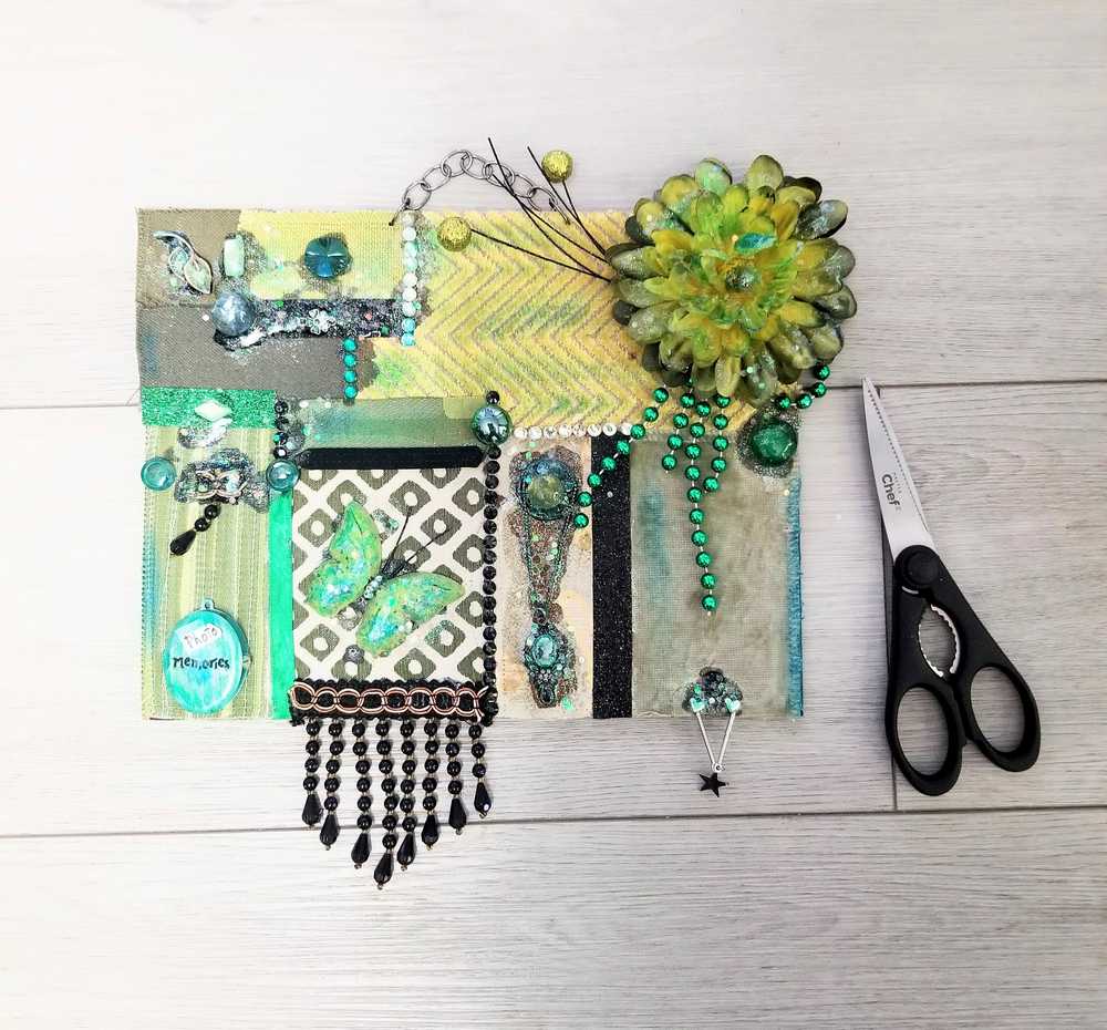 Decorative Collage of Green Fabrics, Recycled Jewelry, Flowers & Mini Picture Frame, Wall Art, Wall Hanging