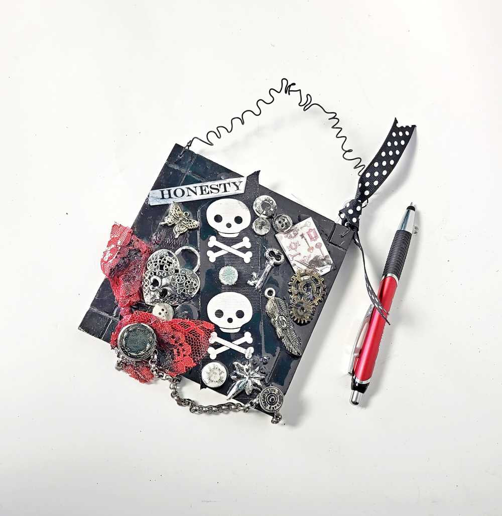 Black Wall Plaque with Skull & Bones Ribbon, Honesty Sign, Recycle Jewelry, Keys & Gears, Punk Goth Sign