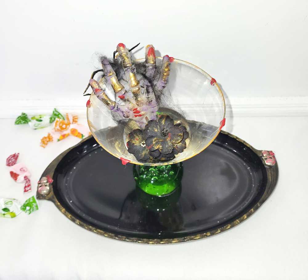 Creepy Halloween Cocktail Glass Recycled into a Candy Tray with Spiders & a Skeleton Hand