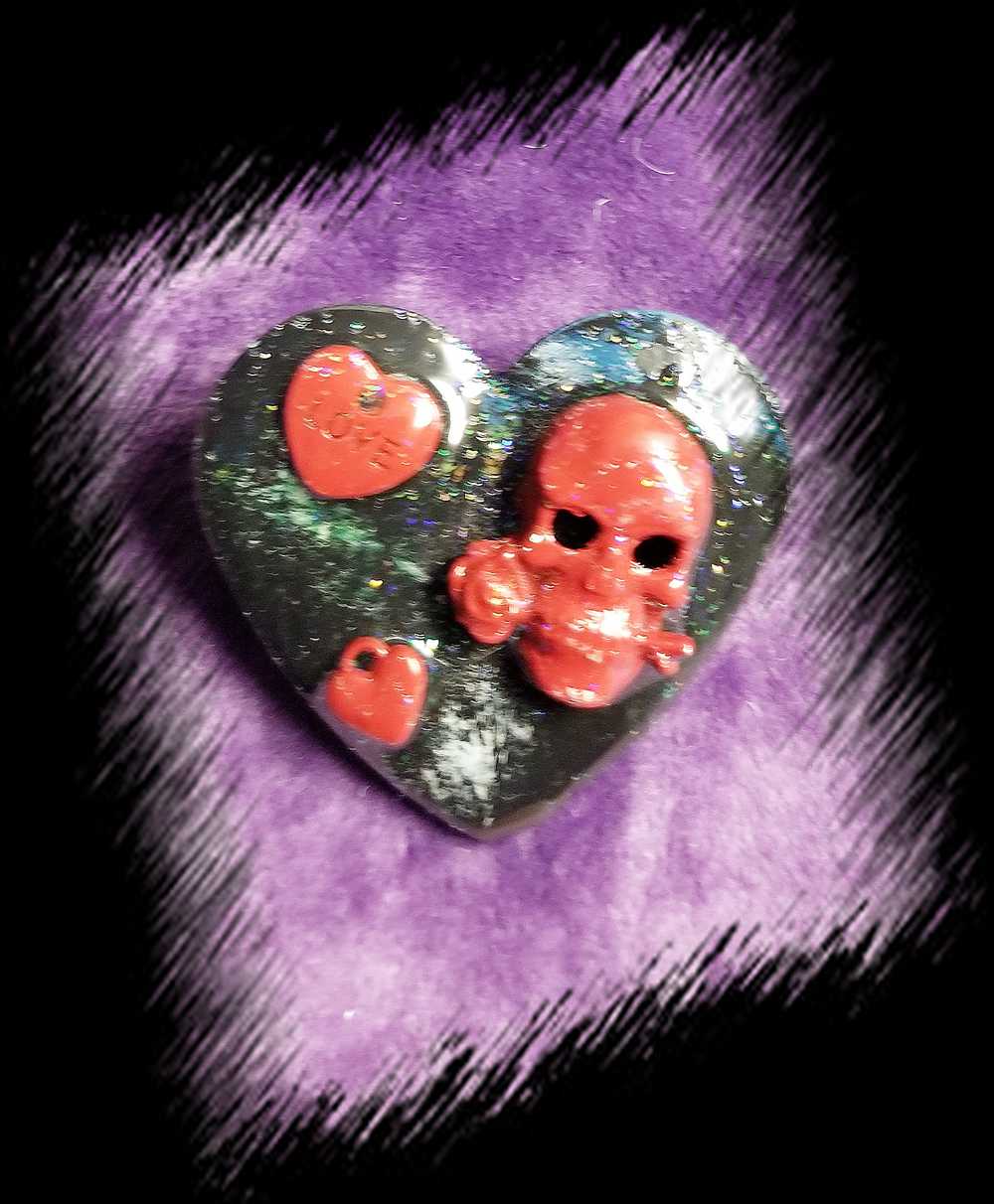 Black Porcelain Heart Shaped Brooch with Red Skull and Heart Charms