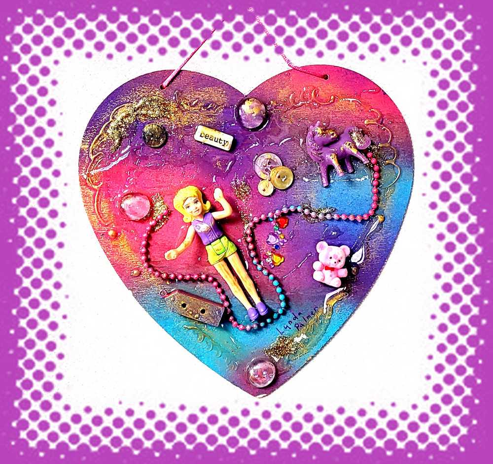 Pink & Blue Child's Art Work for Bedroom, Nursery, Playroom Wall Hanging, Wood Heart with Doll and Unicorn