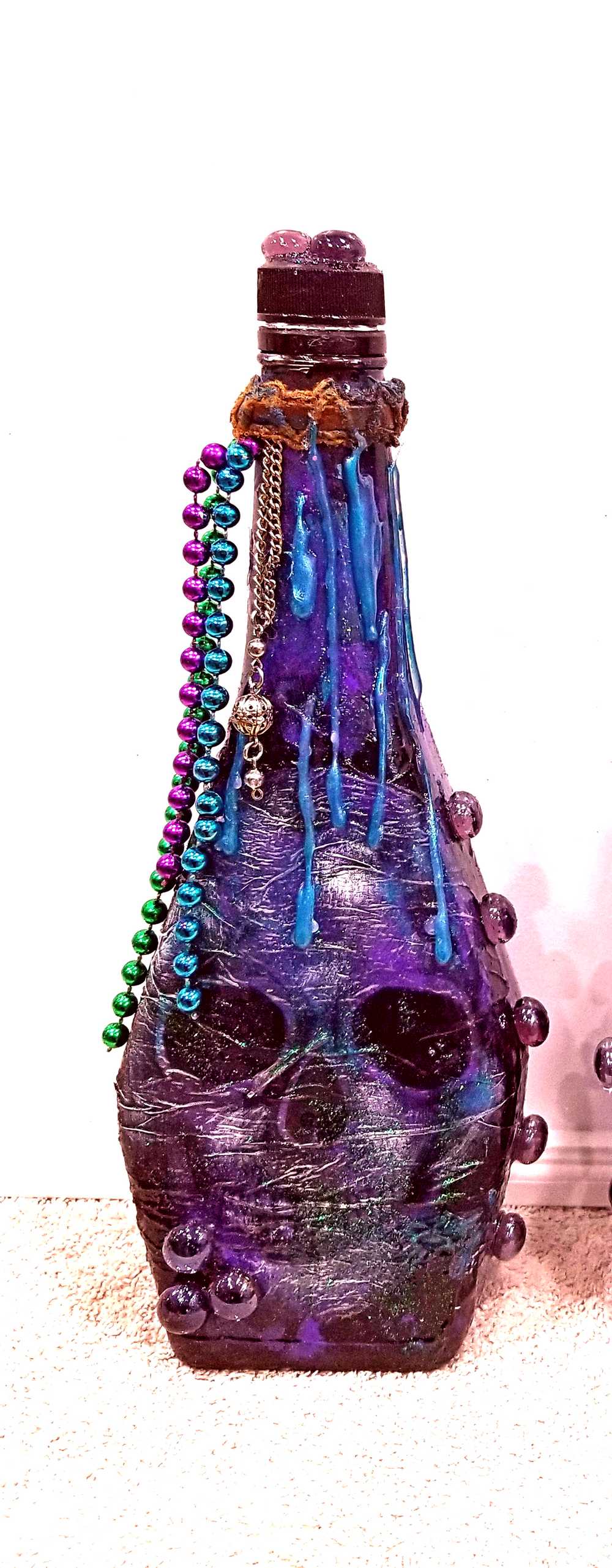 Altered Refillable Glass Bottle, Decoupage Skull Art with Multi Beads and Glass Gems