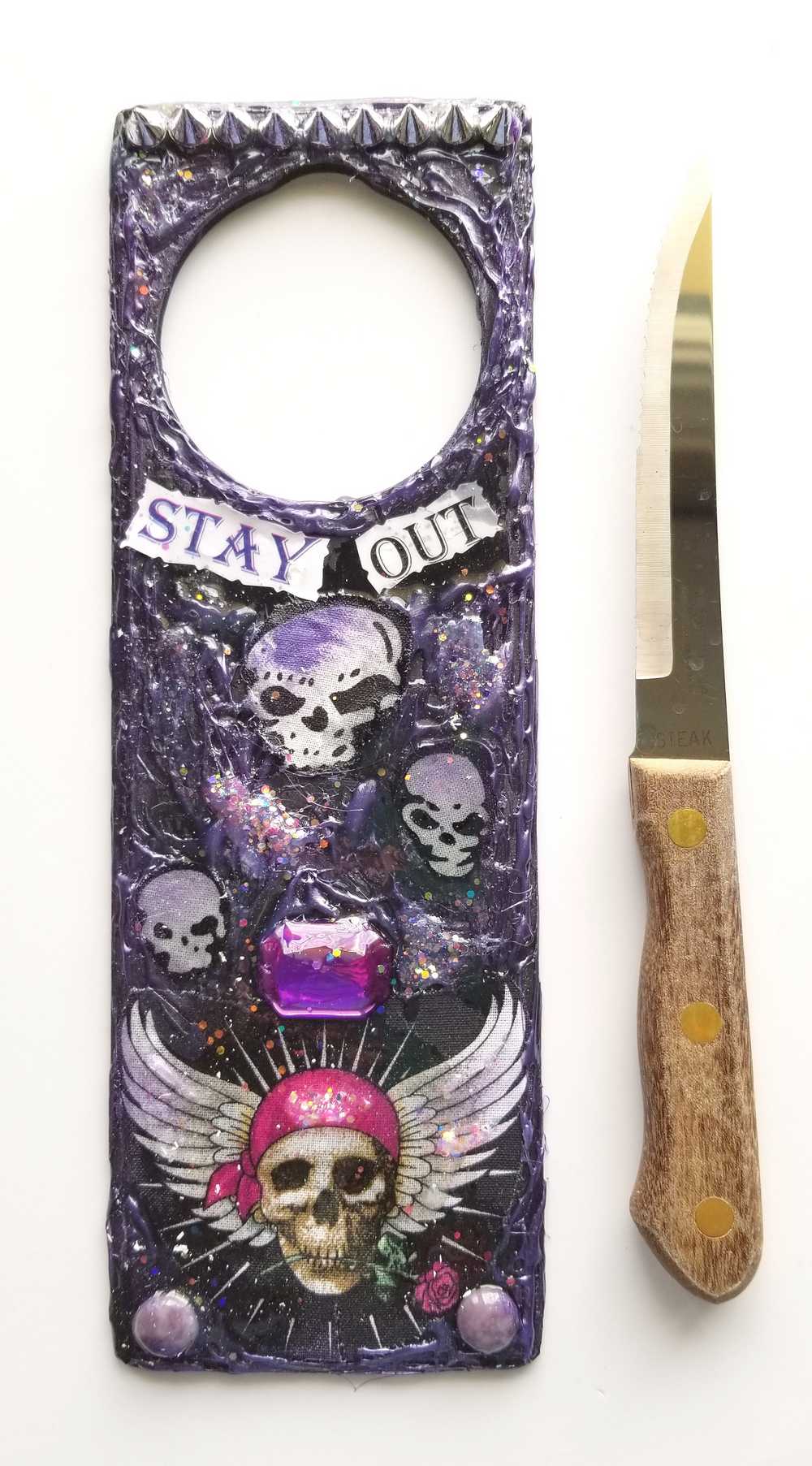 "Stay Out" Door Knob Signs with Skulls, a Dagger, a Rose and a Heart in Black & Purple