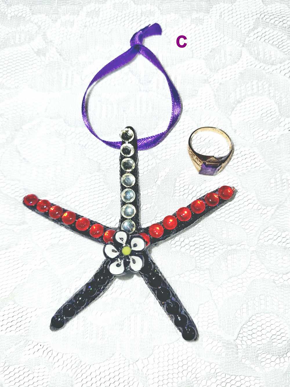 Hanging Decorated Starfish Ornament, Gemstones, Goth Decor, Beach Decoration