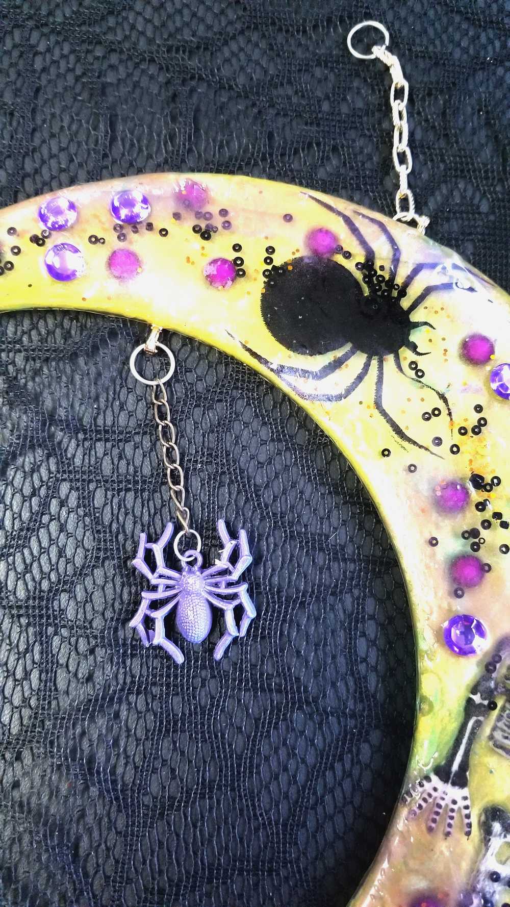 Resin Moon with Purple Beads and Spiders