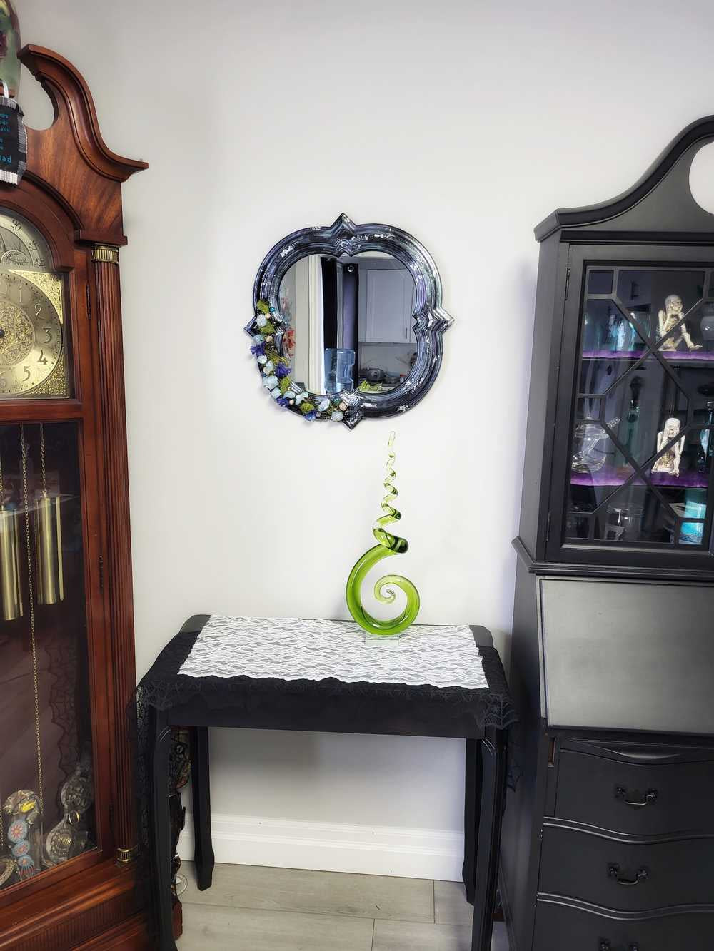 Black Hand Painted Unique Shaped Wall Mirror with Handmade Mushroom Colored Lights, 3 Settings