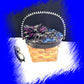 Wood Basket Covered with Black Skull Fabric, with a Purple & Black Flower, Blue Glass Cabochons & a Large Sparkley Spider