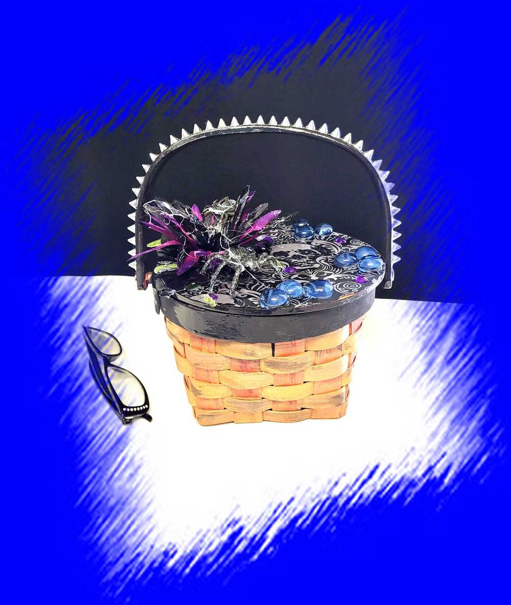 Wood Basket Covered with Black Skull Fabric, with a Purple & Black Flower, Blue Glass Cabochons & a Large Sparkley Spider