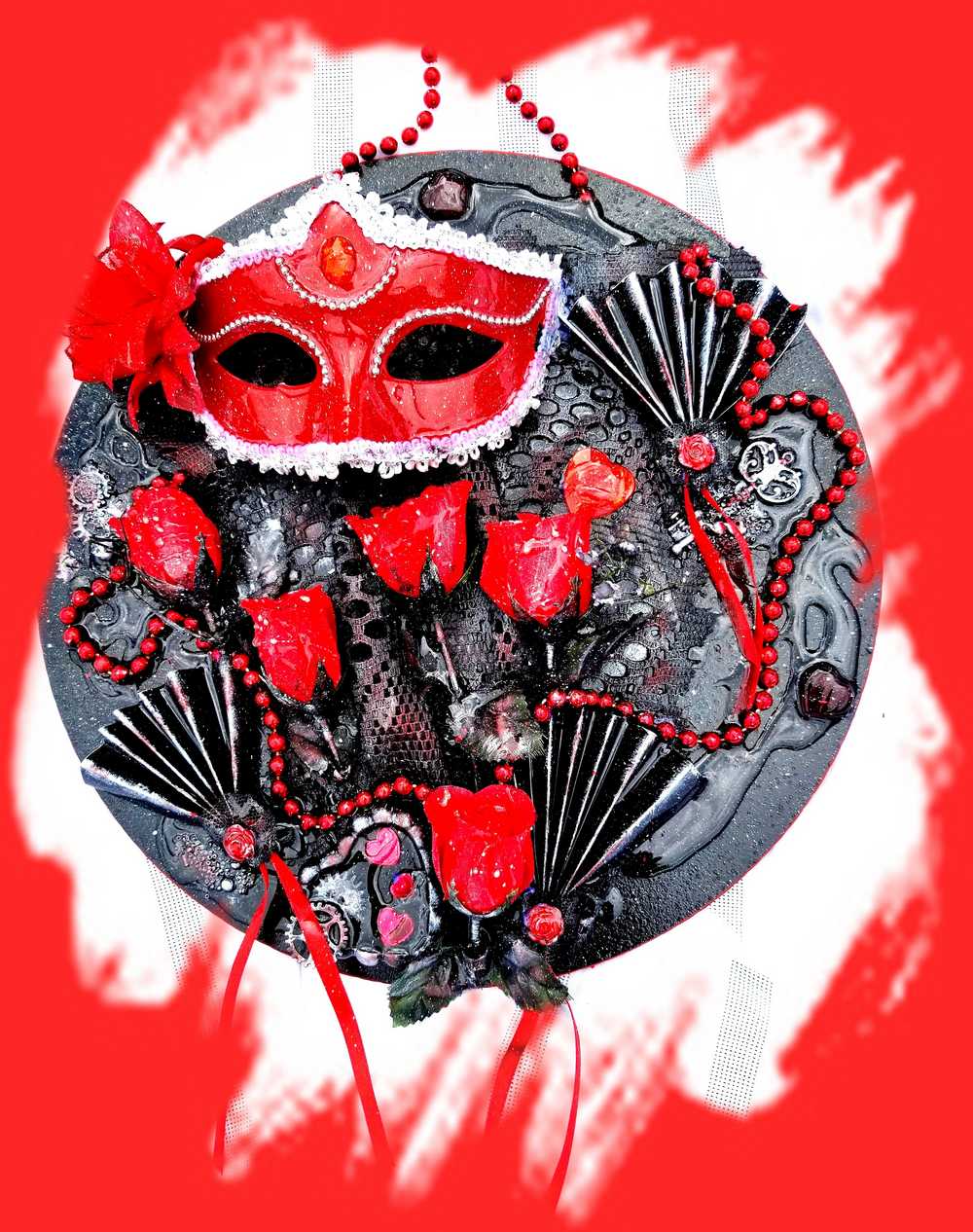 Black Round Wall Plaque with Red Mask, Maskuerade Ball, Phanthom of the Oprea, Masquerade Ball