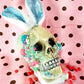 Resin Encased Easter Bunny Skull with Jelly Beans, Pearls & Glitter on a Marble Base