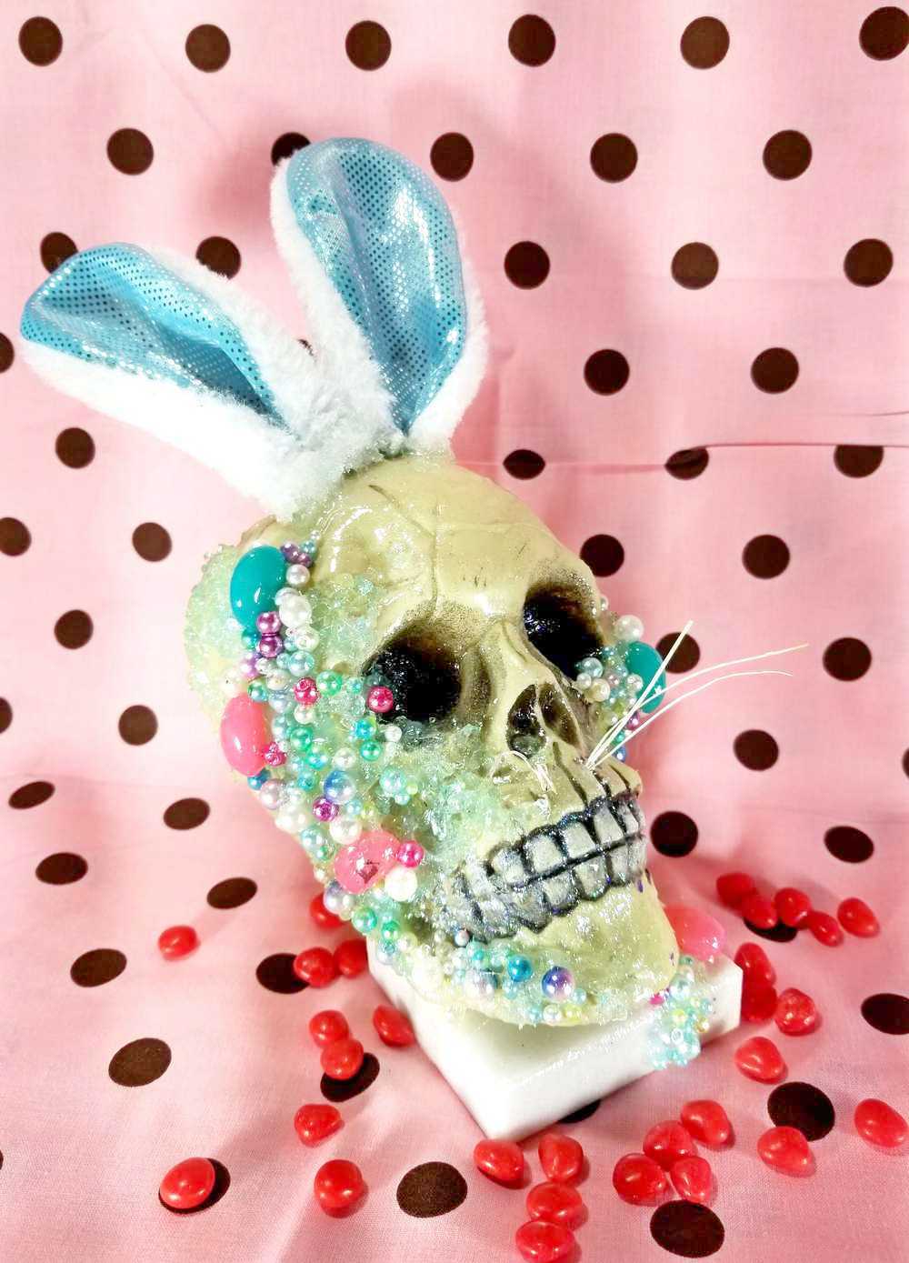 Resin Encased Easter Bunny Skull with Jelly Beans, Pearls & Glitter on a Marble Base